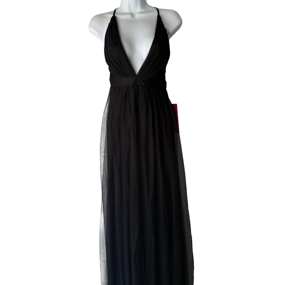 Luxxel Dress Small Black Plunge Maxi Gown‎ Criss Cross Back NWT Fairy Grunge